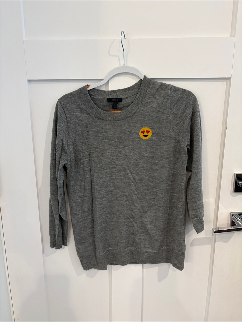 J. Crew Gray Sweater with Yellow Heart-Eyes Patch